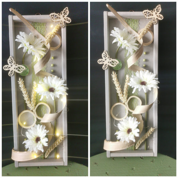 Tableau "solo" intemporel vertical tons blanc/gris et sa guirlande lumineuse