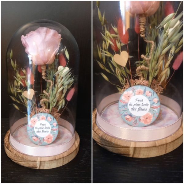 Rose éternelle rose sous cloche et son aimant décoratif