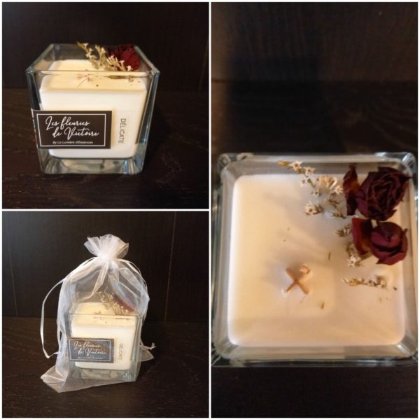 Bougie 50h Parfum La Délicate , incrustée de fleurs séchées