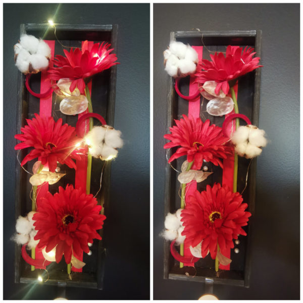 Tableau "solo" intemporel vertical tons rouge / noir / blanc et sa guirlande lumineuse