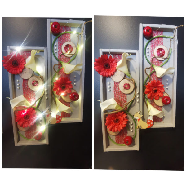 Double tableau intemporel vertical tons gris / blanc / rouge et sa guirlande lumineuse